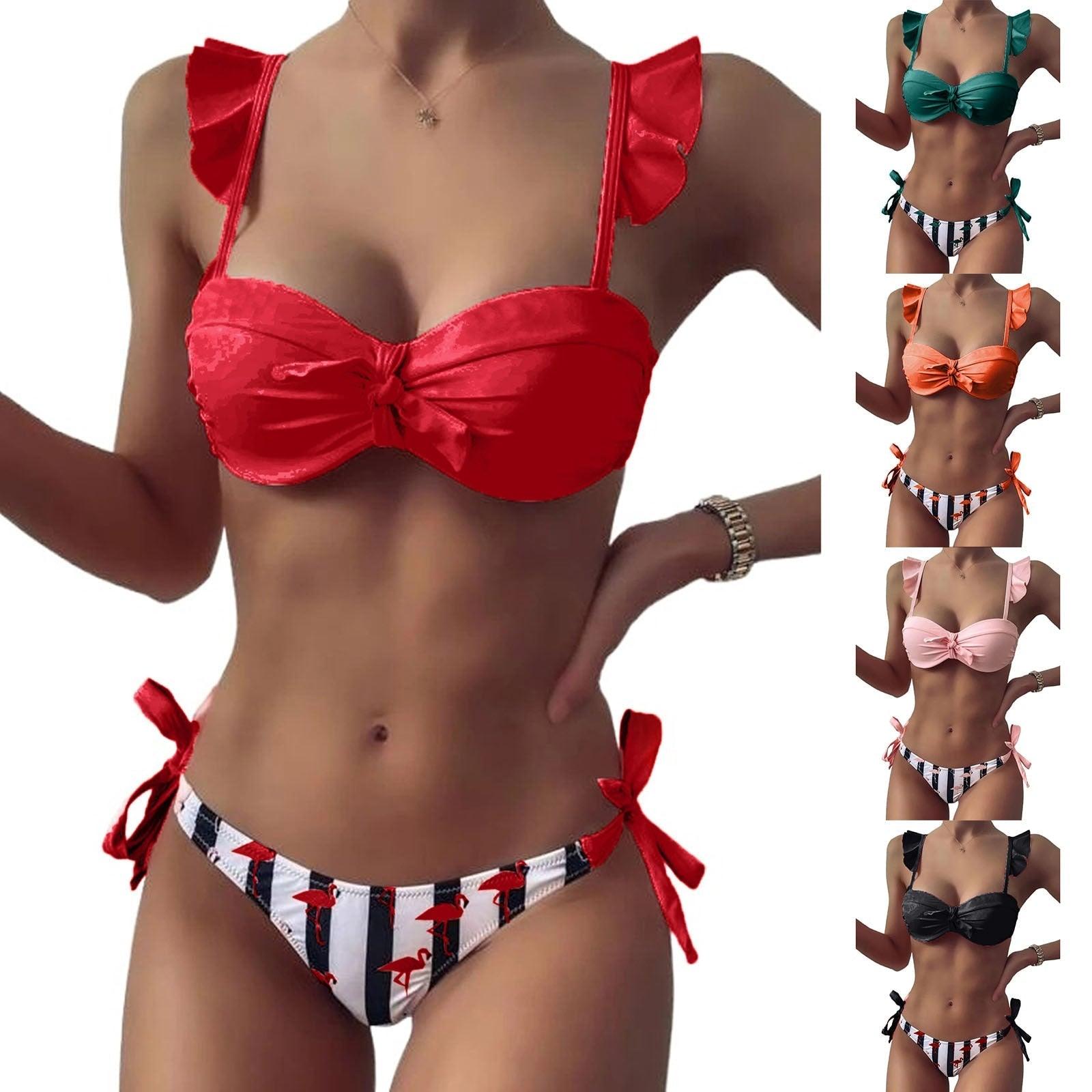 Women 2Pcs Summer Beach Bathing Suit Bowknot Ruffle Sleeve Crop Tops  Striped Print Swimsuit  Bikini Sets 2 Piece Ruffled V Neck Bathing Suits Summer Swimwear