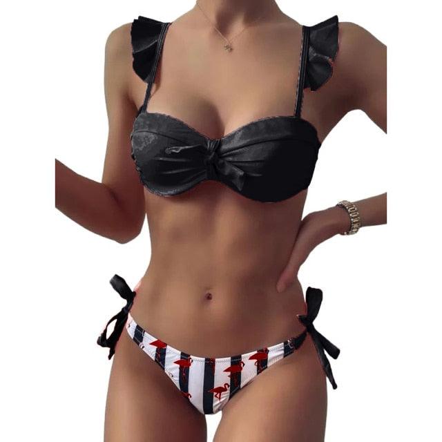 Women 2Pcs Summer Beach Bathing Suit Bowknot Ruffle Sleeve Crop Tops  Striped Print Swimsuit  Bikini Sets 2 Piece Ruffled V Neck Bathing Suits Summer Swimwear