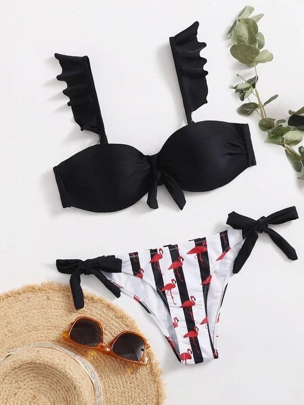 Women 2Pcs Summer Beach Bathing Suit Bowknot Ruffle Sleeve Crop Tops  Striped Print Swimsuit  Bikini Sets 2 Piece Ruffled V Neck Bathing Suits Summer Swimwear