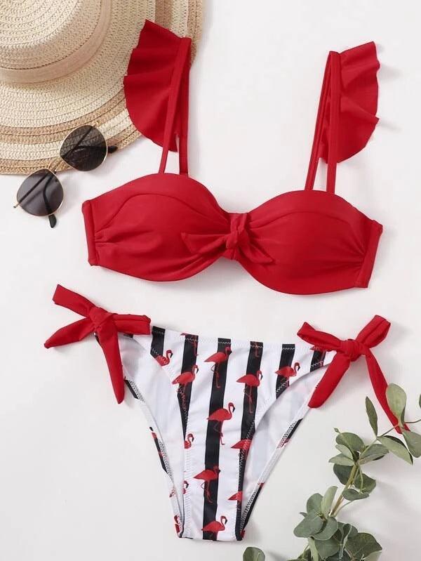 Women 2Pcs Summer Beach Bathing Suit Bowknot Ruffle Sleeve Crop Tops  Striped Print Swimsuit  Bikini Sets 2 Piece Ruffled V Neck Bathing Suits Summer Swimwear