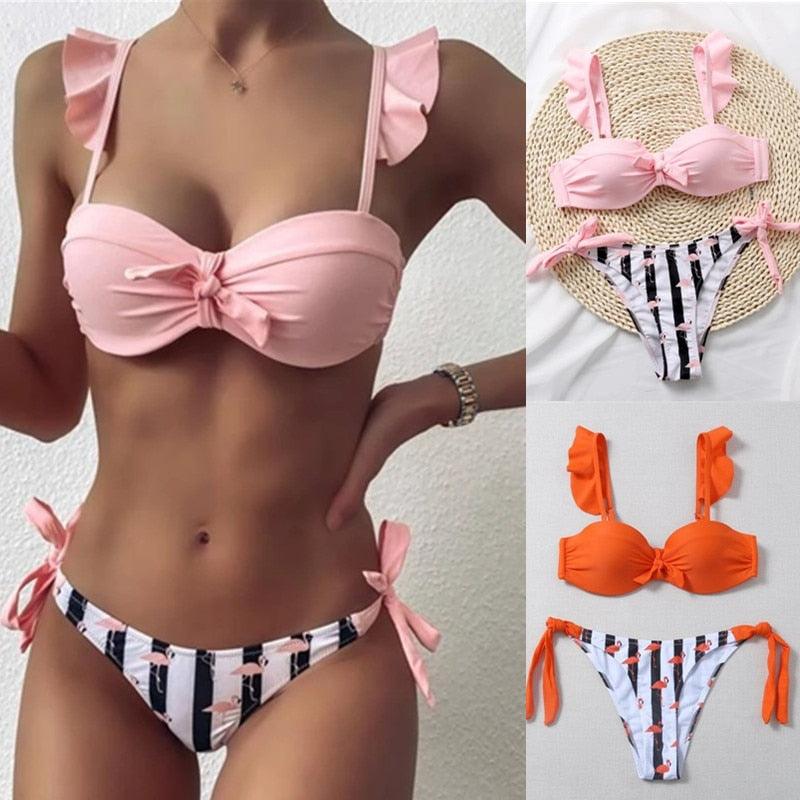 Women 2Pcs Summer Beach Bathing Suit Bowknot Ruffle Sleeve Crop Tops  Striped Print Swimsuit  Bikini Sets 2 Piece Ruffled V Neck Bathing Suits Summer Swimwear