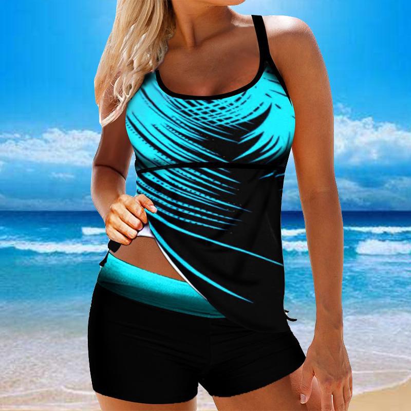 Women Beach Blue Print Backless 2 Piece Swimsuit Fashion Spaghetti Strap Female Bathing Suit Women's V Neck Tankini Set Back Tankini Top With Bikini Bottom Two Piece Bathing Suits Plus Size Swimwear