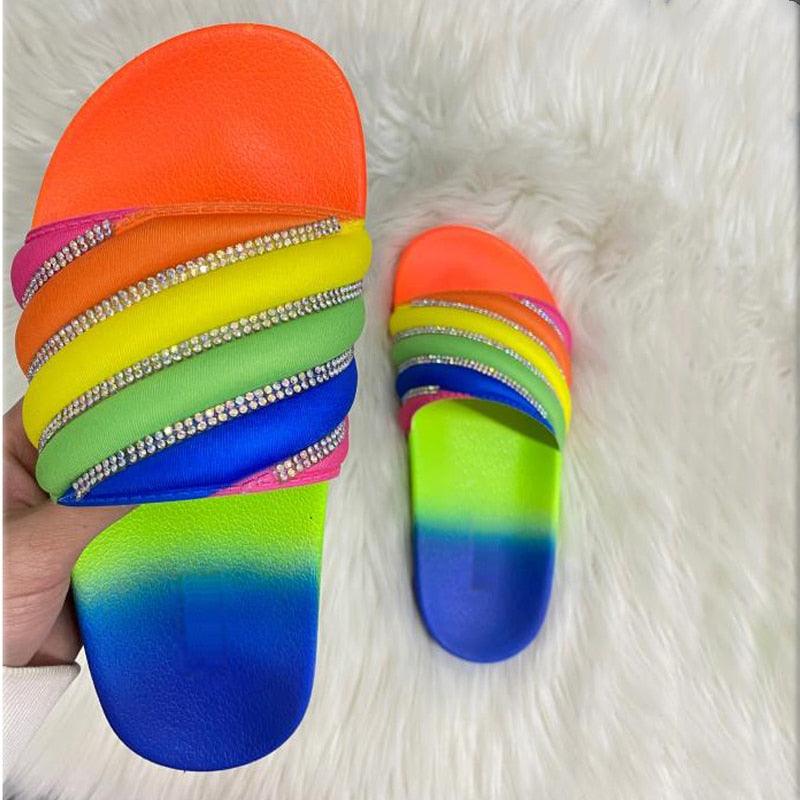 Women Beach Rubber Slippers Shoes Woman Flip Flops Rhinestone Sildes Candy Sandals Outdoor Flats Cute Sandals For Women Casual Summer Women Comfort Slip-On Sandal