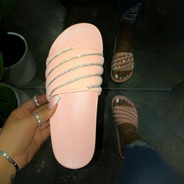 Women Beach Rubber Slippers Shoes Woman Flip Flops Rhinestone Sildes Candy Sandals Outdoor Flats Cute Sandals For Women Casual Summer Women Comfort Slip-On Sandal