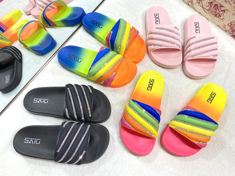 Women Beach Rubber Slippers Shoes Woman Flip Flops Rhinestone Sildes Candy Sandals Outdoor Flats Cute Sandals For Women Casual Summer Women Comfort Slip-On Sandal