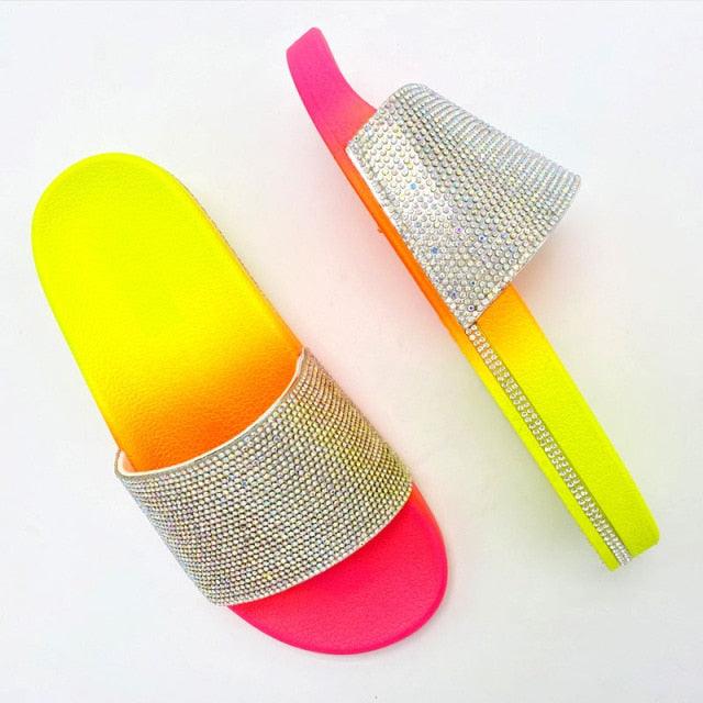 Women Beach Rubber Slippers Shoes Woman Flip Flops Rhinestone Sildes Candy Sandals Outdoor Flats Cute Sandals For Women Casual Summer Women Comfort Slip-On Sandal