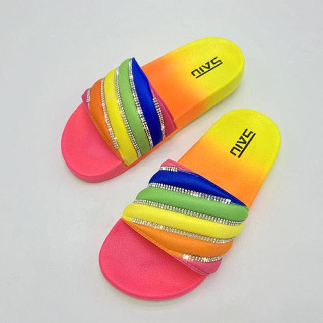 Women Beach Rubber Slippers Shoes Woman Flip Flops Rhinestone Sildes Candy Sandals Outdoor Flats Cute Sandals For Women Casual Summer Women Comfort Slip-On Sandal