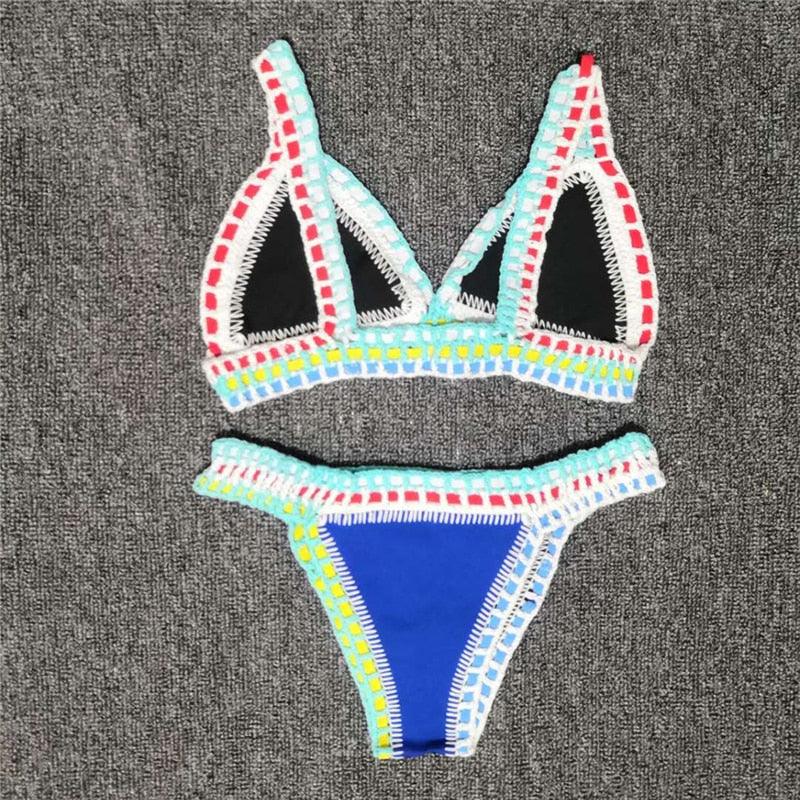 Women Bikini Set Swimwear Beachwear  Low Waist Handmade Knit Swimsuit Female Bathing Suit Swimming Suit Women's Halter Sliding Triangle Bikini Sets Charming Tie Side Bathing Suit