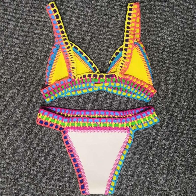 Women Bikini Set Swimwear Beachwear  Low Waist Handmade Knit Swimsuit Female Bathing Suit Swimming Suit Women's Halter Sliding Triangle Bikini Sets Charming Tie Side Bathing Suit