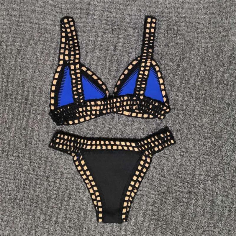 Women Bikini Set Swimwear Beachwear  Low Waist Handmade Knit Swimsuit Female Bathing Suit Swimming Suit Women's Halter Sliding Triangle Bikini Sets Charming Tie Side Bathing Suit