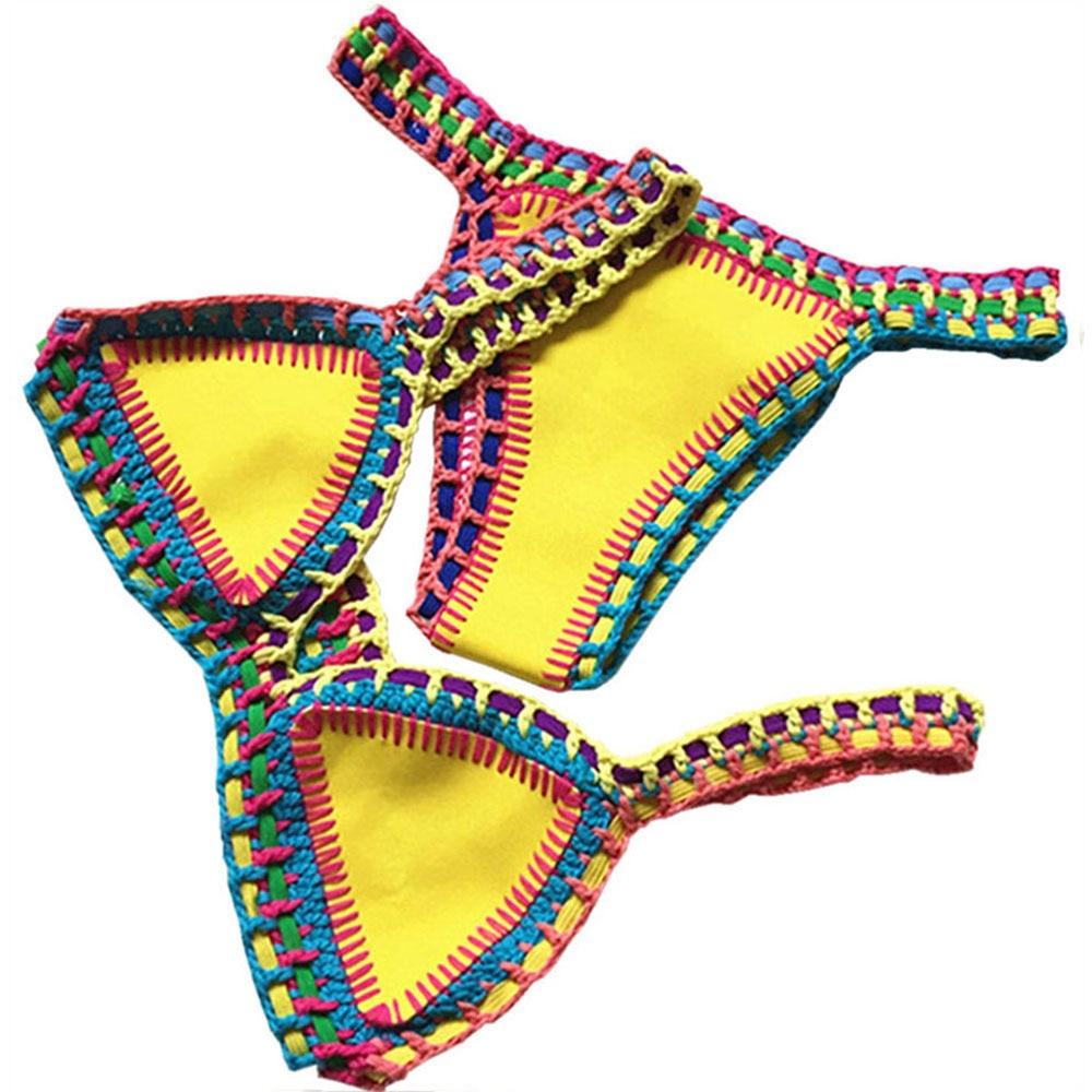 Women Bikini Set Swimwear Beachwear  Low Waist Handmade Knit Swimsuit Female Bathing Suit Swimming Suit Women's Halter Sliding Triangle Bikini Sets Charming Tie Side Bathing Suit