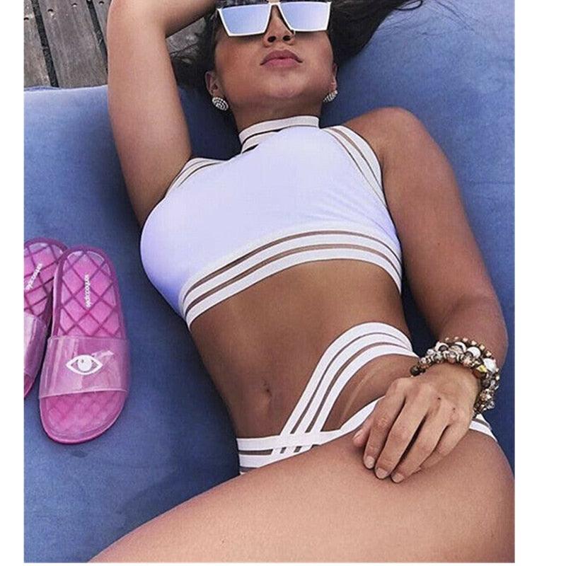 Women Black/White Hollow Out Halter Push-up Padded Bra Bandage Bikini Set Women's Bikini Set Two Piece High Waist Swimsuits Push Up Halter Swimwear Striped Padded Bathing Suits Swimsuit Swimwear Bathing Beach Two-Piece Suits