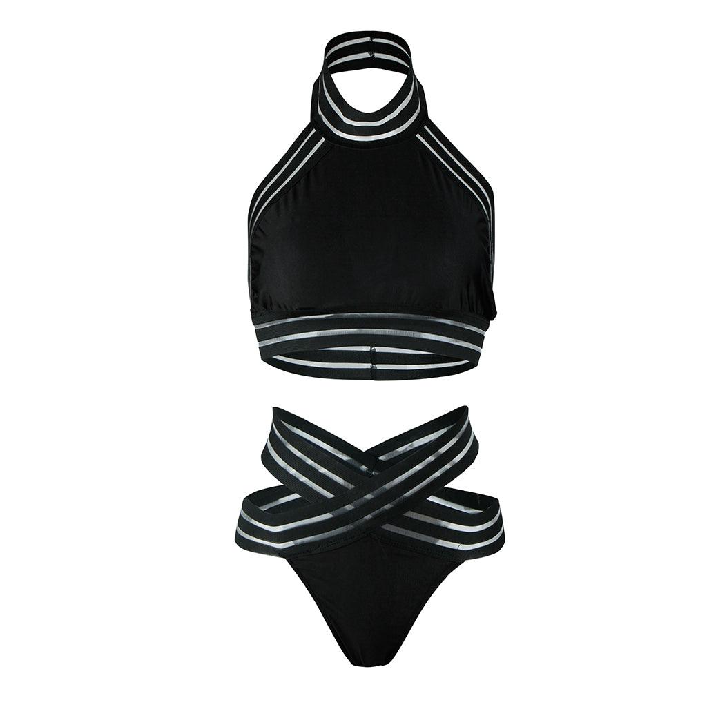 Women Black/White Hollow Out Halter Push-up Padded Bra Bandage Bikini Set Women's Bikini Set Two Piece High Waist Swimsuits Push Up Halter Swimwear Striped Padded Bathing Suits Swimsuit Swimwear Bathing Beach Two-Piece Suits