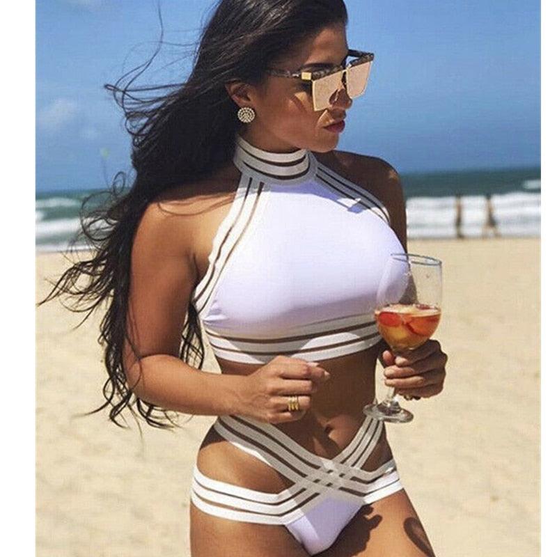 Women Black/White Hollow Out Halter Push-up Padded Bra Bandage Bikini Set Women's Bikini Set Two Piece High Waist Swimsuits Push Up Halter Swimwear Striped Padded Bathing Suits Swimsuit Swimwear Bathing Beach Two-Piece Suits