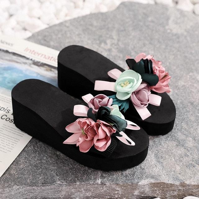 Women Bow Summer Sandals Slipper Indoor Outdoor Flip-flops Beach Shoes New Fashion Casual Flower Slipper High Heeled Bow-Knot Platform Flip Flops Beach Sandals Fashion Summer Slippers