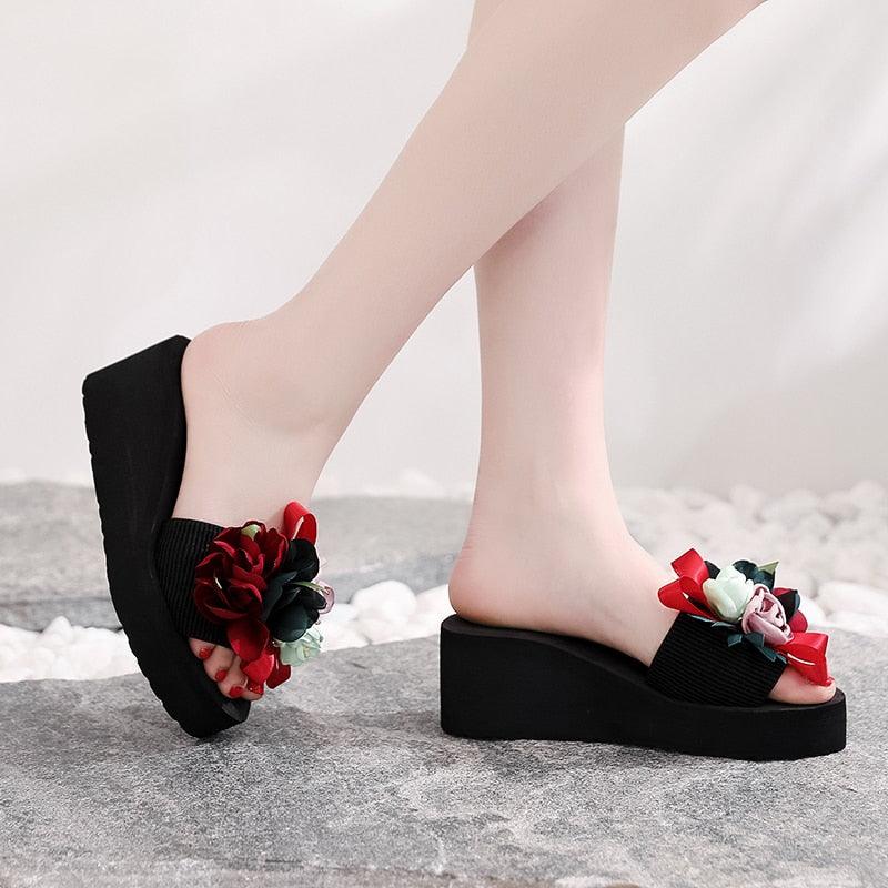 Women Bow Summer Sandals Slipper Indoor Outdoor Flip-flops Beach Shoes New Fashion Casual Flower Slipper High Heeled Bow-Knot Platform Flip Flops Beach Sandals Fashion Summer Slippers