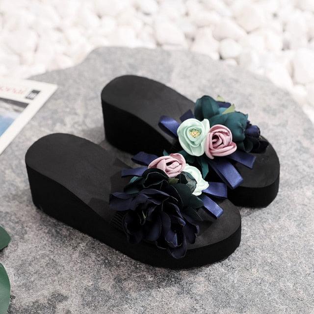 Women Bow Summer Sandals Slipper Indoor Outdoor Flip-flops Beach Shoes New Fashion Casual Flower Slipper High Heeled Bow-Knot Platform Flip Flops Beach Sandals Fashion Summer Slippers