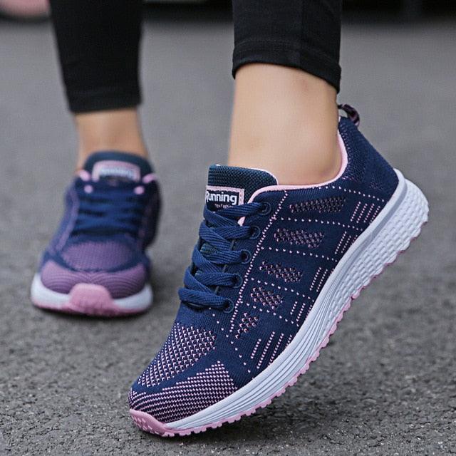 Women Casual Fashion Breathable Walking Mesh Flat Shoes White Sneakers Summer New Fashion Women's Vulcanized Running Sneakers Walking Tennis Shoes