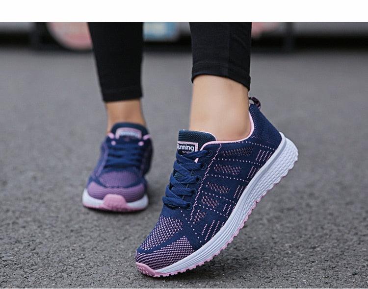 Women Casual Fashion Breathable Walking Mesh Flat Shoes White Sneakers Summer New Fashion Women's Vulcanized Running Sneakers Walking Tennis Shoes