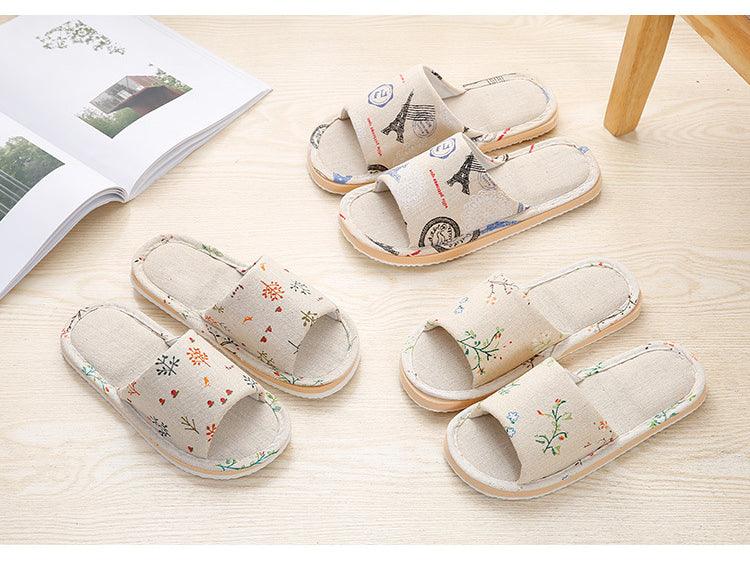 Women Casual Floral Home Slippers Soft Non-slip Foam Bottom Slippers Spring Autumn Indoor Couple Linen Slipper Flip Flops Slides Slip-On Indoor Slippers For Women Soft Womens Flannel Home Bedroom Slippers