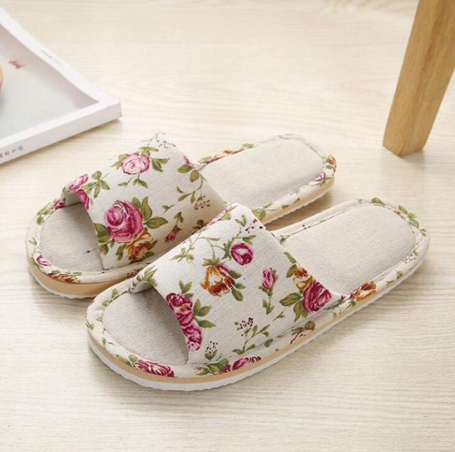 Women Casual Floral Home Slippers Soft Non-slip Foam Bottom Slippers Spring Autumn Indoor Couple Linen Slipper Flip Flops Slides Slip-On Indoor Slippers For Women Soft Womens Flannel Home Bedroom Slippers