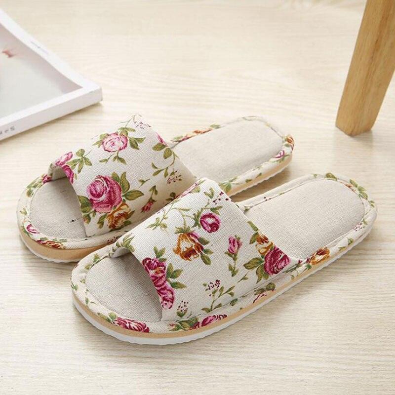 Women Casual Floral Home Slippers Soft Non-slip Foam Bottom Slippers Spring Autumn Indoor Couple Linen Slipper Flip Flops Slides Slip-On Indoor Slippers For Women Soft Womens Flannel Home Bedroom Slippers