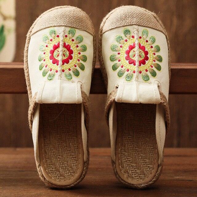 Women Casual Linen Handmade Mules Flat Slippers Retro Vegan Summer Canvas Comfortable Espadrille New Women Shoes Slides Flat Summer Style Handmade Retro Slippers