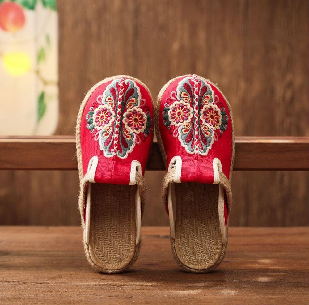 Women Casual Linen Handmade Mules Flat Slippers Retro Vegan Summer Canvas Comfortable Espadrille New Women Shoes Slides Flat Summer Style Handmade Retro Slippers