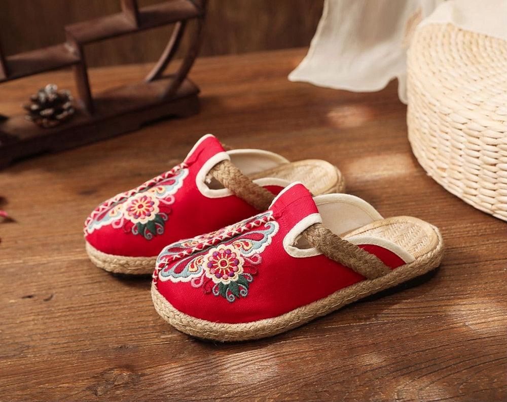 Women Casual Linen Handmade Mules Flat Slippers Retro Vegan Summer Canvas Comfortable Espadrille New Women Shoes Slides Flat Summer Style Handmade Retro Slippers