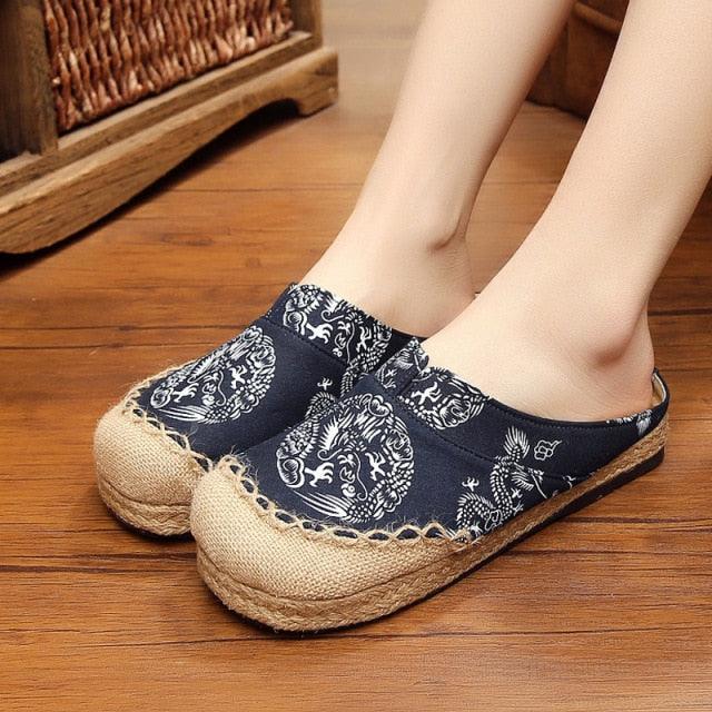 Women Casual Linen Handmade Mules Flat Slippers Retro Vegan Summer Canvas Comfortable Espadrille New Women Shoes Slides Flat Summer Style Handmade Retro Slippers