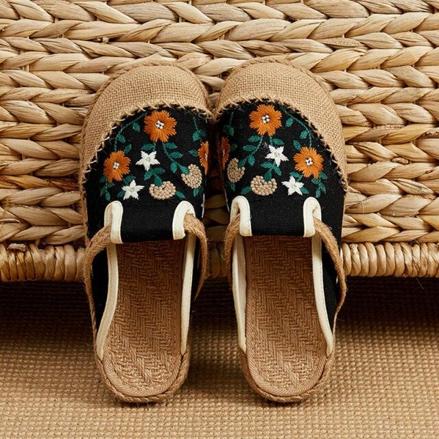 Women Casual Linen Handmade Mules Flat Slippers Retro Vegan Summer Canvas Comfortable Espadrille New Women Shoes Slides Flat Summer Style Handmade Retro Slippers