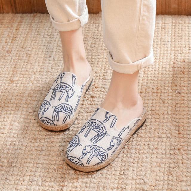 Women Casual Linen Handmade Mules Flat Slippers Retro Vegan Summer Canvas Comfortable Espadrille New Women Shoes Slides Flat Summer Style Handmade Retro Slippers