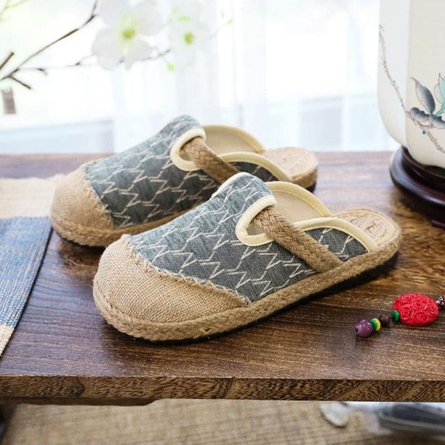 Women Casual Linen Handmade Mules Flat Slippers Retro Vegan Summer Canvas Comfortable Espadrille New Women Shoes Slides Flat Summer Style Handmade Retro Slippers