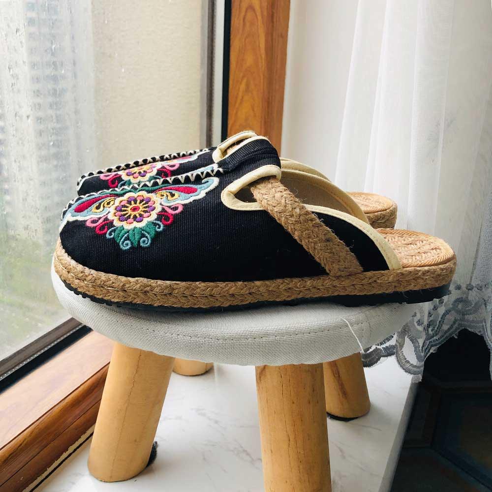 Women Casual Linen Handmade Mules Flat Slippers Retro Vegan Summer Canvas Comfortable Espadrille New Women Shoes Slides Flat Summer Style Handmade Retro Slippers