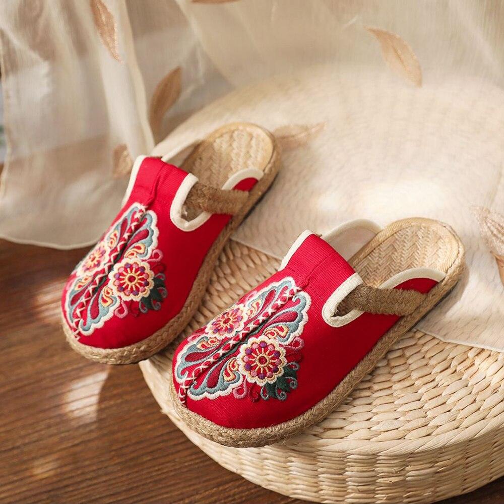 Women Casual Linen Handmade Mules Flat Slippers Retro Vegan Summer Canvas Comfortable Espadrille New Women Shoes Slides Flat Summer Style Handmade Retro Slippers