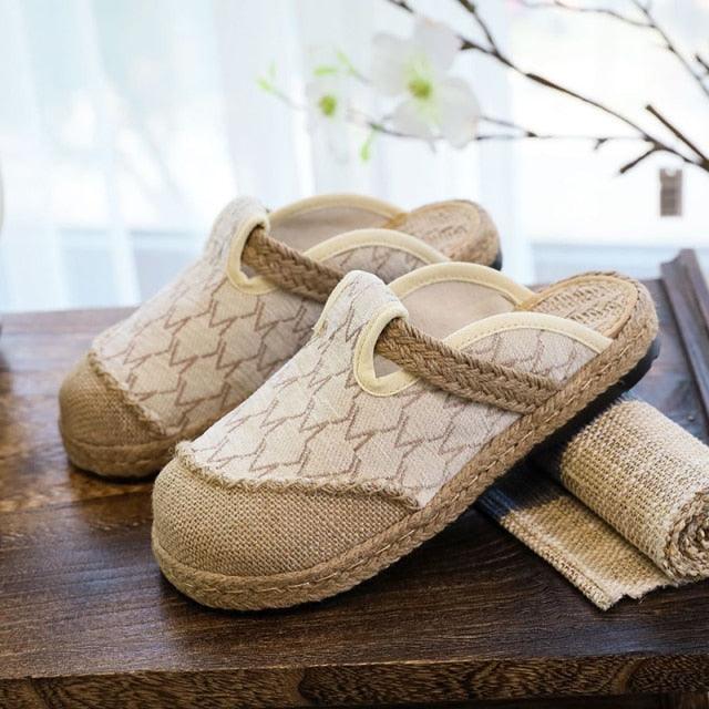 Women Casual Linen Handmade Mules Flat Slippers Retro Vegan Summer Canvas Comfortable Espadrille New Women Shoes Slides Flat Summer Style Handmade Retro Slippers