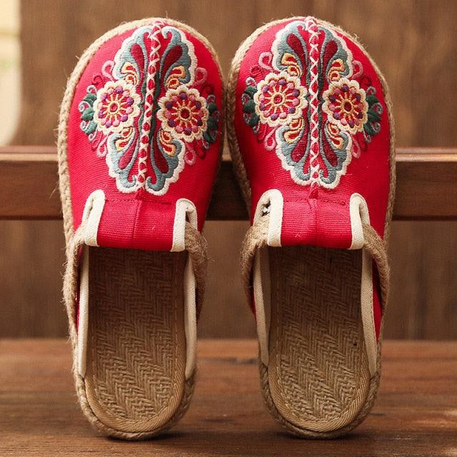 Women Casual Linen Handmade Mules Flat Slippers Retro Vegan Summer Canvas Comfortable Espadrille New Women Shoes Slides Flat Summer Style Handmade Retro Slippers