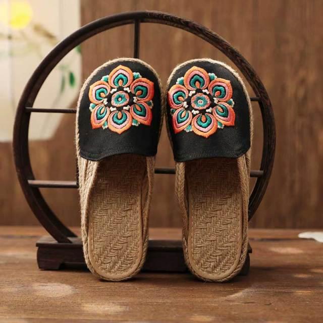 Women Casual Linen Handmade Mules Flat Slippers Retro Vegan Summer Canvas Comfortable Espadrille New Women Shoes Slides Flat Summer Style Handmade Retro Slippers