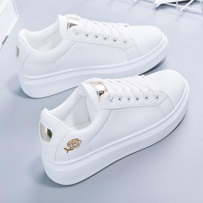 Women Casual New Spring Sneakers Fashion Embroidered White Sneakers Breathable Flower Lace-Up Leather Casual Sports Flat Low Top Sneaker