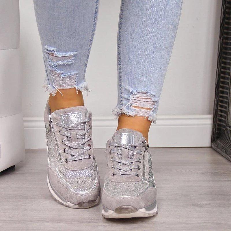 Women Casual Shoes New Fashion Flat Shoes Zipper Lace Up Comfortable Sneakers Female Vulcanized Shoes Womens Platform Slip-on High Top Sneakers Round Toe Thick Sole