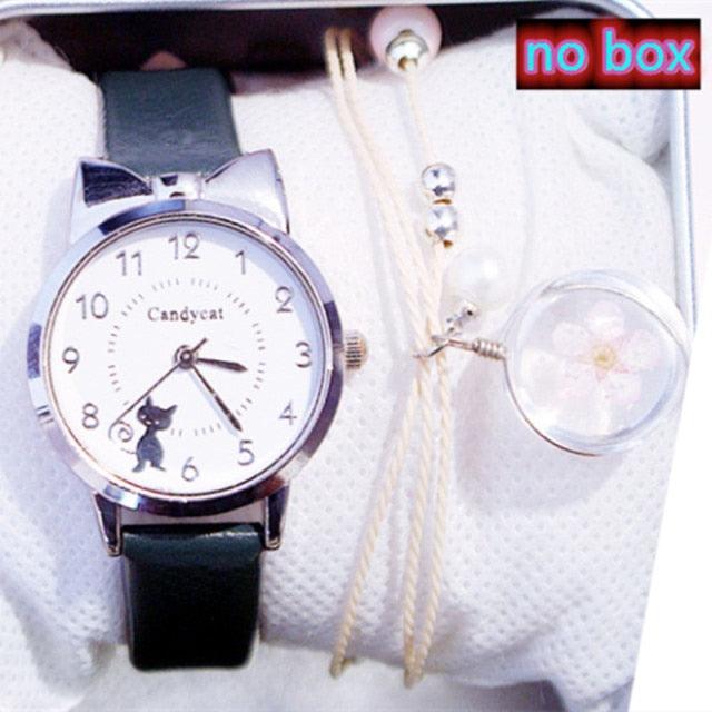 Women Charming Watch Set Pink Leather Strap Student Watch Children Black Cat Leather Strap And Round Dial Quartz Watches For Women Cat Dial With Stainless Steel Dial Quartz Watch