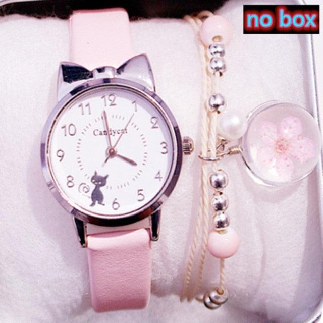 Women Charming Watch Set Pink Leather Strap Student Watch Children Black Cat Leather Strap And Round Dial Quartz Watches For Women Cat Dial With Stainless Steel Dial Quartz Watch