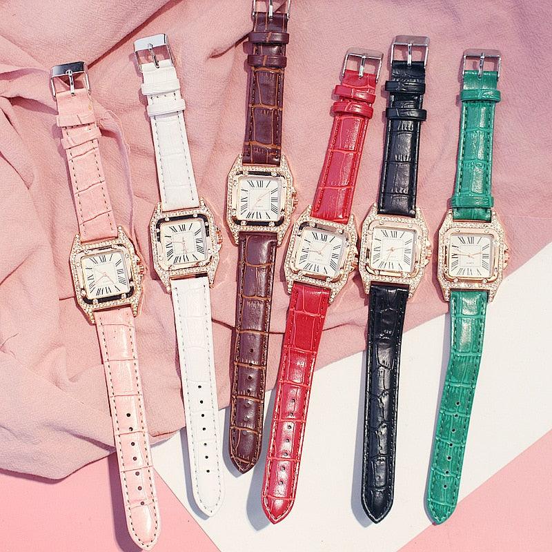 Women Diamond Watch Starry Square Dial Bracelet Watches Set Ladies Leather Band Quartz Wristwatch Minimalist Transparent Leather Watch For Girls Band Casual Analog Quartz Ladies Watch