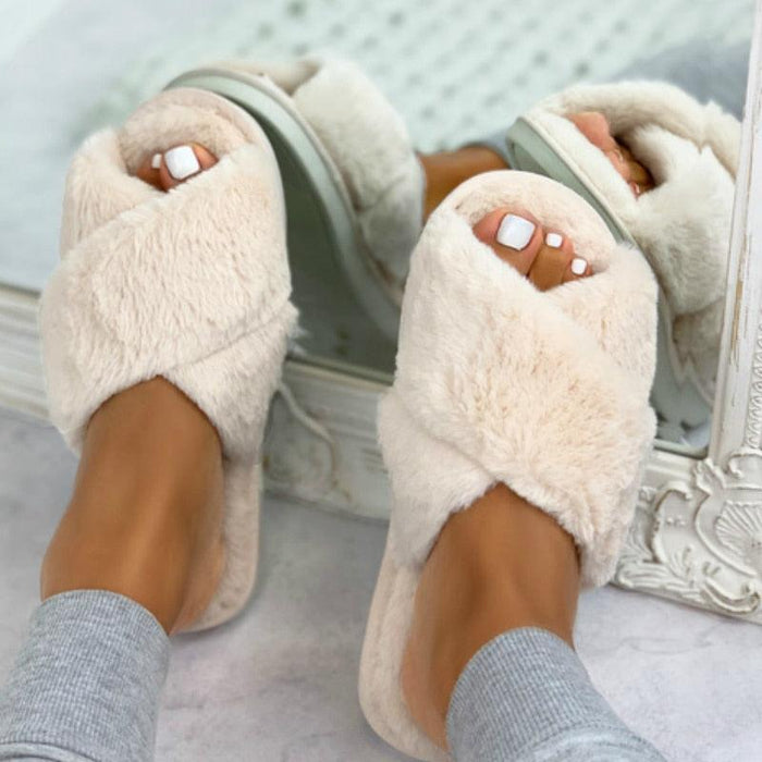 Women Fashion Warm Fluffy Slippers Cozy Faux Fur Cross Indoor Floor Slides Flat Soft Furry Flip Flops Cross Band Soft Plush Cozy House Shoes Furry Open Toe Indoor Outdoor Slip On Warm Breathable Anti-Skid Sole