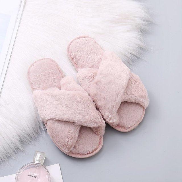 Women Fashion Warm Fluffy Slippers Cozy Faux Fur Cross Indoor Floor Slides Flat Soft Furry Flip Flops Cross Band Soft Plush Cozy House Shoes Furry Open Toe Indoor Outdoor Slip On Warm Breathable Anti-Skid Sole