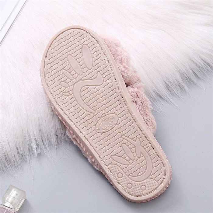 Women Fashion Warm Fluffy Slippers Cozy Faux Fur Cross Indoor Floor Slides Flat Soft Furry Flip Flops Cross Band Soft Plush Cozy House Shoes Furry Open Toe Indoor Outdoor Slip On Warm Breathable Anti-Skid Sole