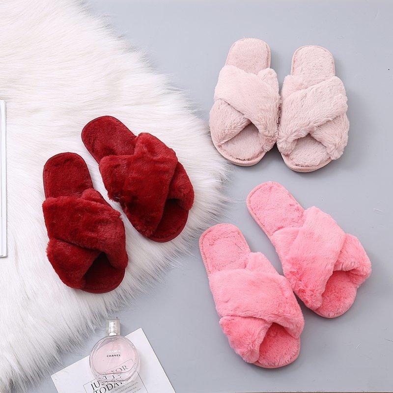 Women Fashion Warm Fluffy Slippers Cozy Faux Fur Cross Indoor Floor Slides Flat Soft Furry Flip Flops Cross Band Soft Plush Cozy House Shoes Furry Open Toe Indoor Outdoor Slip On Warm Breathable Anti-Skid Sole