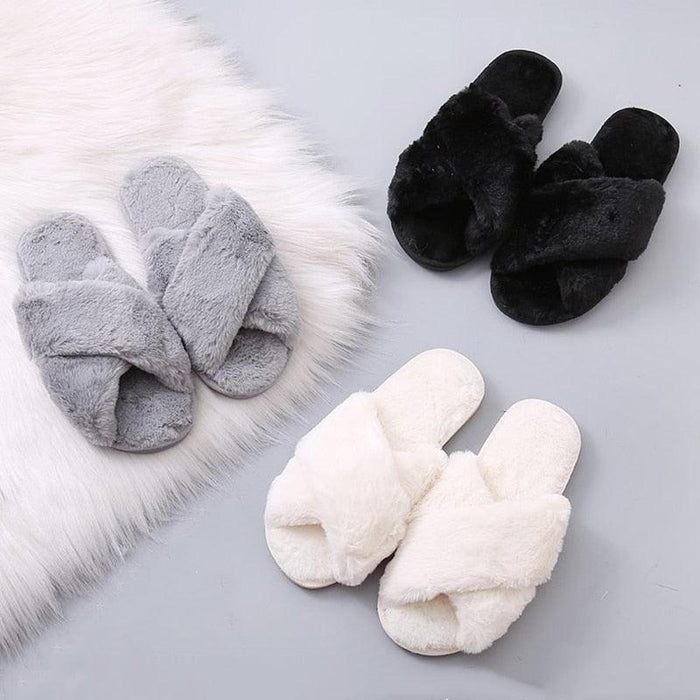 Women Fashion Warm Fluffy Slippers Cozy Faux Fur Cross Indoor Floor Slides Flat Soft Furry Flip Flops Cross Band Soft Plush Cozy House Shoes Furry Open Toe Indoor Outdoor Slip On Warm Breathable Anti-Skid Sole