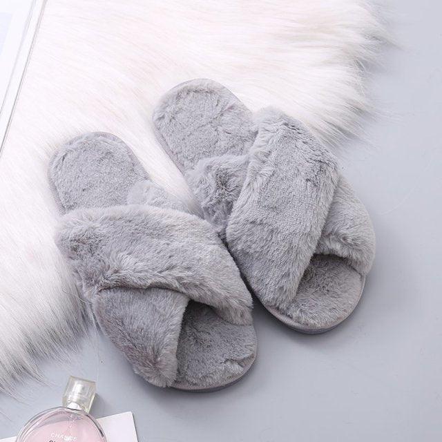 Women Fashion Warm Fluffy Slippers Cozy Faux Fur Cross Indoor Floor Slides Flat Soft Furry Flip Flops Cross Band Soft Plush Cozy House Shoes Furry Open Toe Indoor Outdoor Slip On Warm Breathable Anti-Skid Sole