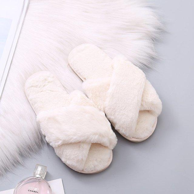 Women Fashion Warm Fluffy Slippers Cozy Faux Fur Cross Indoor Floor Slides Flat Soft Furry Flip Flops Cross Band Soft Plush Cozy House Shoes Furry Open Toe Indoor Outdoor Slip On Warm Breathable Anti-Skid Sole